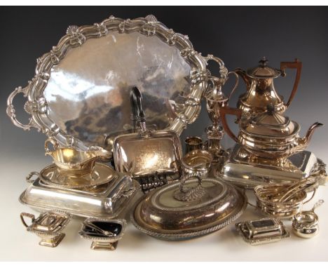 A large selection of silver plated items, to include a large twin handled tray, stamped 'JM Trotter', a Boodle and Dunthorne 