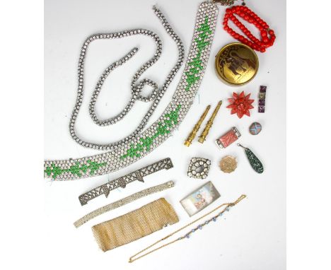 A large selection of costume jewellery, including a turquoise coloured cabochon set stylised star burst brooch, paste set nec
