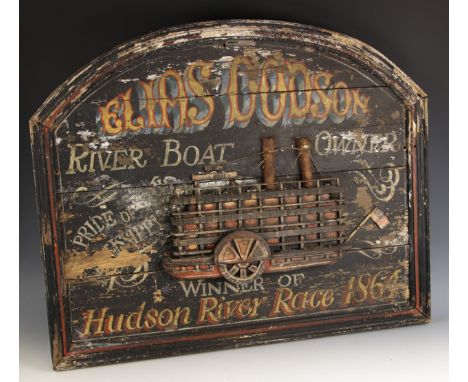 A reproduction painted sign advertising the 'Elias Godson River Boat', late 20th century, the black painted sign applied with