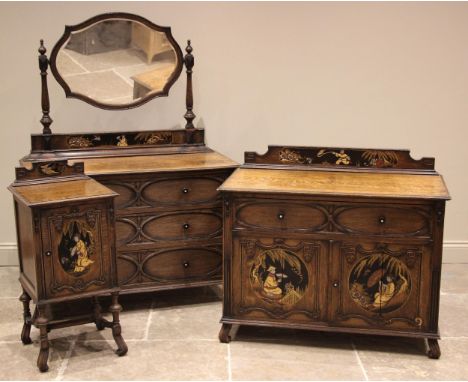 An oak and chinoiserie five piece bedroom suite, circa 1920, comprising wardrobe, double bed, washstand, chest of drawers and