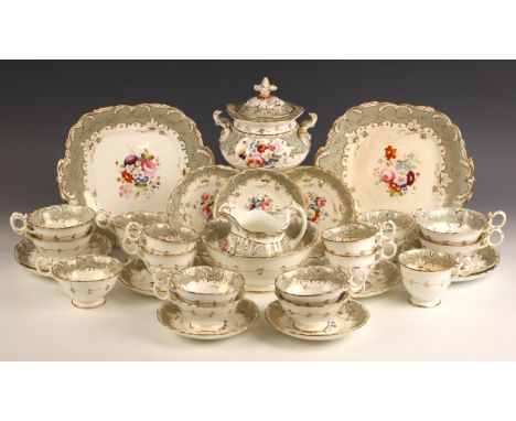 A Rockingham style porcelain part tea and coffee service, 19th century, comprising: a sucriere and cover, a milk jug, two san