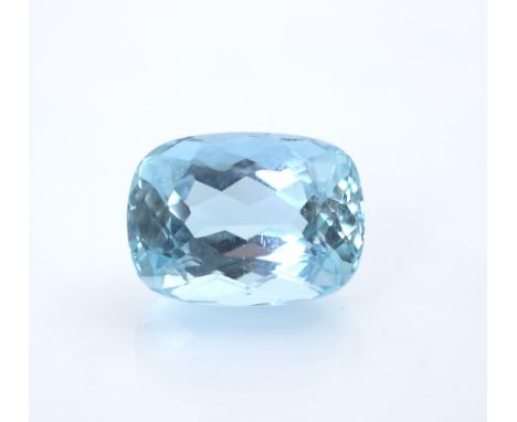 An untested loose aquamarine stone, the cushion cut stone measuring 20.9 L x 15.4 W x 11.7mm D, weight estimated 25ct, 5gms, 