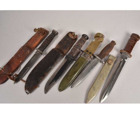 A US M3 fighting knife, in leather scabbard by Camillus (AF), together with a US WWII Fighting knife with Patton Sabre blade,