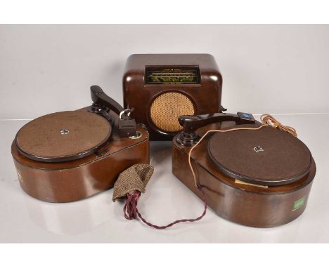 Record Players, HMV Model 122 in D-shaped wood case; a similar Columbia model with maker's carton; a small HMV (1950s);  a 'S