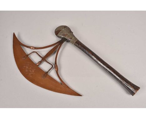 An African Songye (Kuba) Axe, having 41cm long copper blade, having a figural attachment, attached to wooden shaft with metal