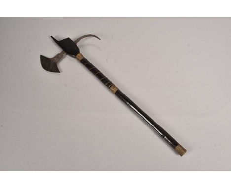 A Shona Ceremonial Axe, cm (Zimbabwe/Mozambique) having small 'D' shaped blade, having dark work shaft, with delicate wire ba