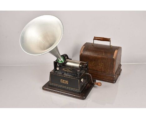 An Edison GEM Phonograph, serial 283504, having Model H Reproducer, serial 615894, black finished body with transfers, with w