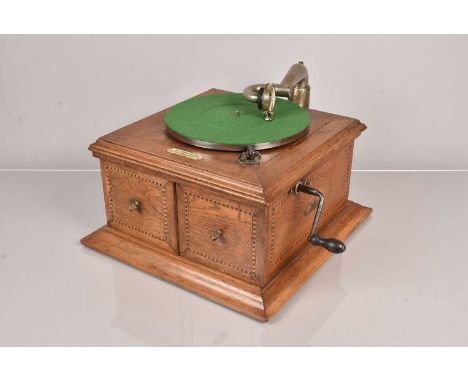 Hornless Gramophone, HMV Model III with chequer stringing inlay, Exhibition soundbox and Alfred Hayes label; and HMV Model 3,