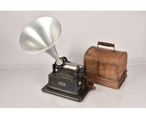 An Edison GEM Phonograph, serial *154639, having Model C Reproducer, complete with winder and horn, cosmetic damage to the ca