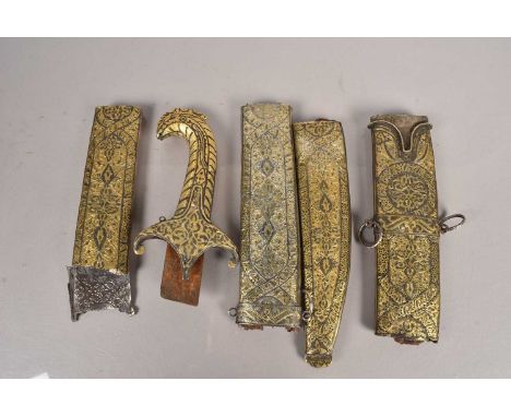 A Middle Eastern/Indo-Persian white metal scabbard and hilt for a sword/sidearm, having pierced and etched decoration, height