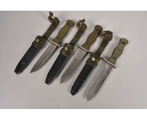 Three German Bundeswehr daggers, one with FKS 70 blade, another with HKS 70 blade, scabbard AF