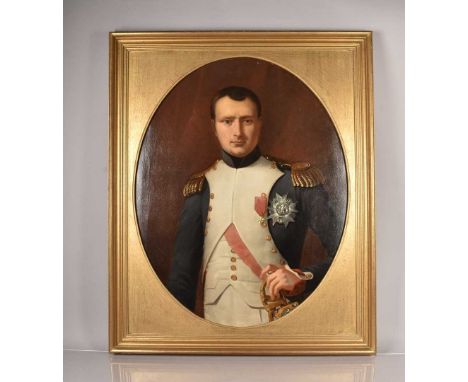 Napoleon Bonaparte, oil on canvas, a three quarter length portrait in uniform, oval canvas, 90cm x 72cm, in large gilt frame 