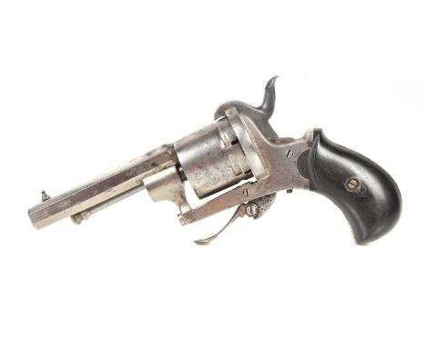 A Belgian 7mm six-shot Clement Pinfire Revolver, 3'' octagonal barrel, smooth bore, having plain cylinder and frame, the end 