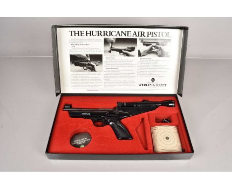 A Webley Hurricane .22 Air Pistol, no serial, in original box, complete with telescopic sight, targets, manual and instructio