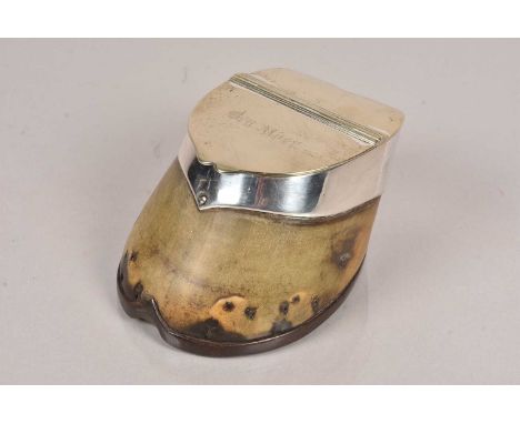 A white metal mounted Horse's Hoof trinket box, the hoof having white metal mount with engraved lift up lid, engraved 'Ben Al