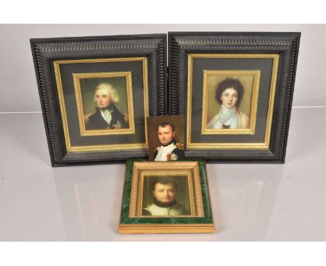 A hand painted portrait of Napoleon Bonaparte, painted onto a small metal sheet, together with three framed and glazed reprod