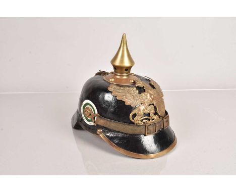 A Baden Issue Sachsen NCO Pickelhaube, having leather chin straps, brass fittings, Sachsen Cockade, complete with leather lin