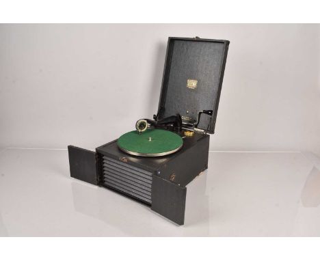 Portable gramophone, HMV Model 105, with HMV Exhibition soundbox and mechanism rising as lid is opened, in black case, 1924 (