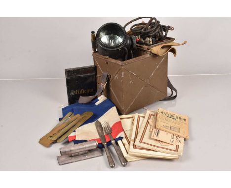 A WWII Field Signal Light, together with a selection of other items, to include Royal Military plate knife and fork, a plated