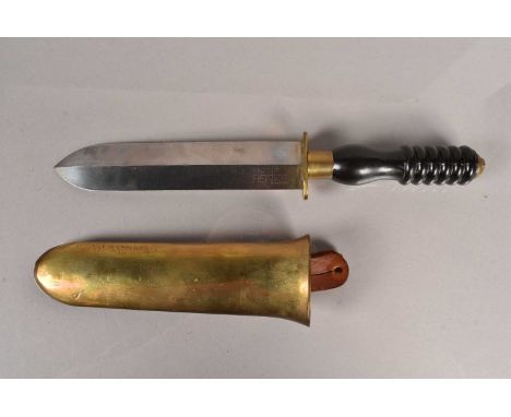 A Diver's Knife by Siebe Heinke, England, having 20cm long double edged blade, with makers name engraved, complete with brass