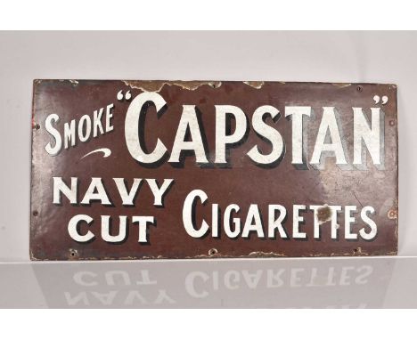 Capstan Navy Cut Cigarettes enamel sign, single sided, white lettering with shadowing on brown ground, with three wall mount 
