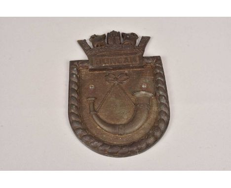 A cast bronze/brass HMS Duncan ship's plaque, from the WWII D-Class Destroyer of the Royal Navy in the early 1930s, with two 