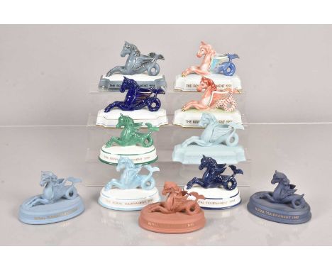 An assortment ceramic Royal Tournament Figures, by Herend and Royal Worcester, running from 1989 to 1999 consecutively, in va