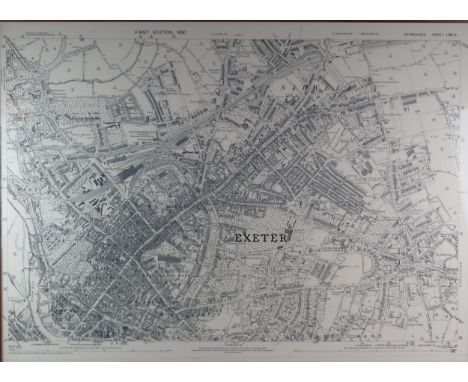 A facsimile monochrome Ordnance Survey map of the City of Exeter. in 1890, framed and glazed. 72 x100cm 