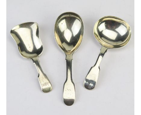 Three silver Fiddle pattern caddy spoons, maker Charles Boyton I, London, 1837, James Beebe, London, 1841 and unknown maker, 