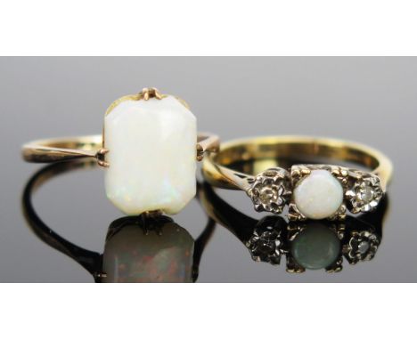 A 9ct Gold, Diamond and Opal Ring (sizeK.5, 2.2g) and 9ct gold and opal single stone ring, (size O, 1.7g) 