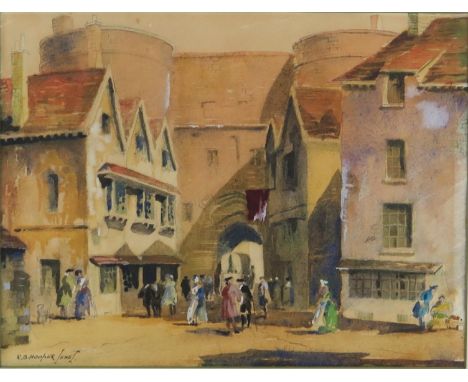 R B Hooper Jones, South Gate, Exeter, watercolour, signed, undated, mounted , framed and glazed, 32 x 31cm 