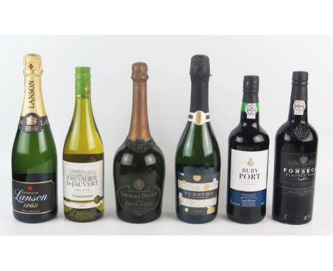 Six assorted bottles of wines and port including Fonseca Port 1985, Chevalier de Fauvert Chardonnay, Lanson Champagne , Vuest