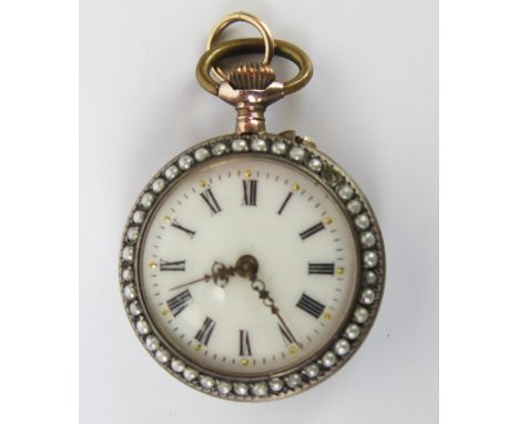 A Ladies Enamel and untested Pearl Mounted Fob Watch, c. 27mm case 
