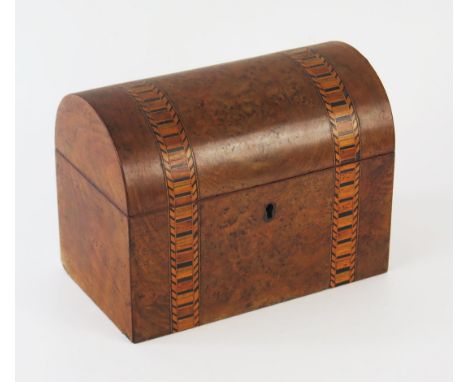 A Victorian dome top walnut and burr wood caddy with parquetry inlay, 20cm wide 