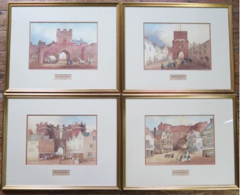 George Townsend (1813-1894) a set of four watercolours, North Gate, South Gate, West Gate and East Gate views of Exeter, each