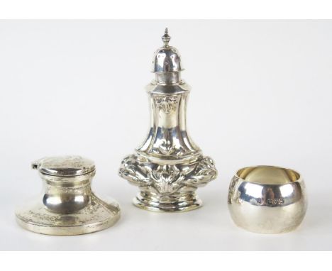 A mixed collection of silverwares, various makers and dates, includes a pepperette, napkin ring and inkwell, weighable silver