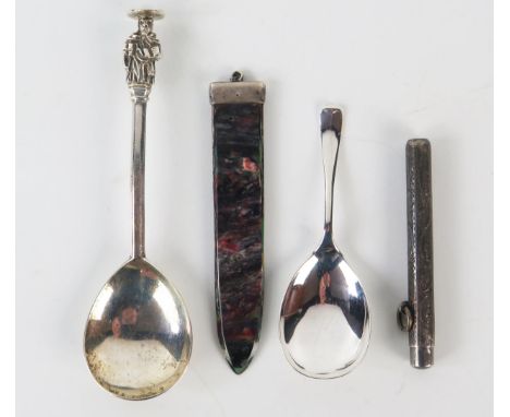 A George V silver apostle spoon, maker Thomas Bradbury &amp; Son, Sheffield, 1923, with pear-shaped bowl, a silver caddy spoo