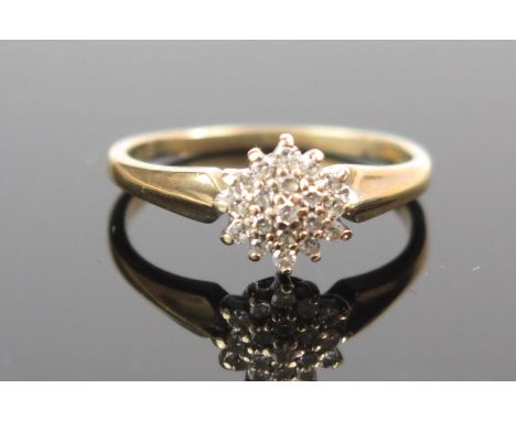 A 9ct Gold and Diamond Cluster Ring, .12ct, size I.25, 1.7g 