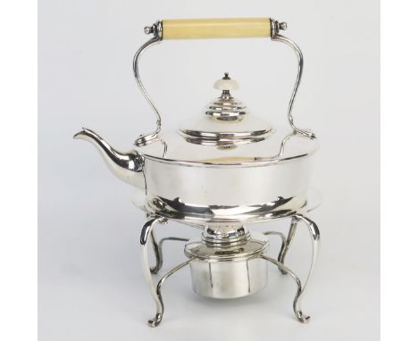 A George V silver tea kettle , stand and burner, maker William Hutton &amp; Sons Ltd, Sheffield, 1928, of plain cylindrical t