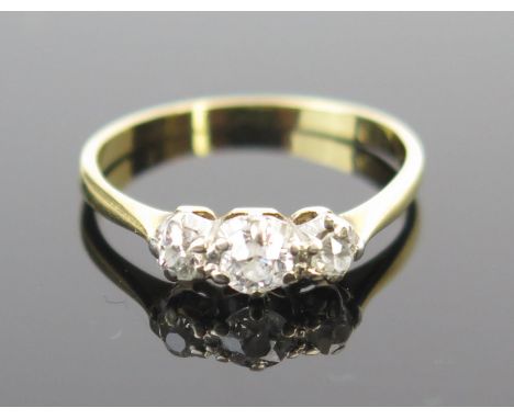 An Old Cut Diamond Three Stone Ring, largest diamond c. 3.7mm, size L, 2g. Insurance valuation from Osbornes Jewellers of Mar