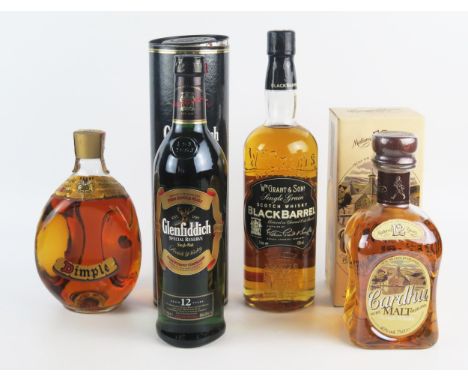 A Wm Grants Black Barrel Scotch whisky, Cardhu Malt Scotch whisky, Glenfiddich Special Reserve Single Malt whisky and a Dimpl