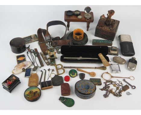 Two assorted hip flasks, various badges, keyrings, Mauchline ware napkin ring, wooden figures etc. 