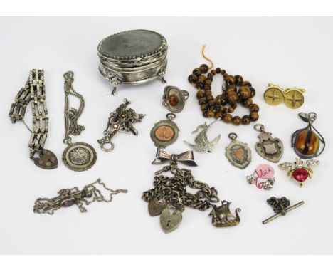 A Selection of Silver Mounted Jewellery, silver curb and gate link bracelets, silver fobs, etc. 