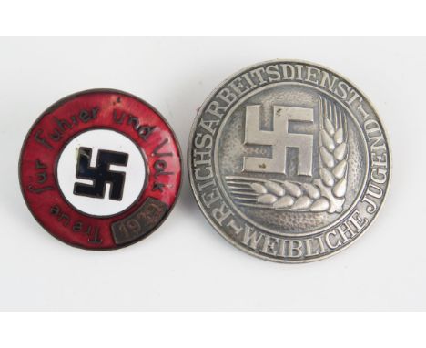 A Third Reich period R.A.D. Woman's Labour Service badge, marked to the reverse PuC.37.RJAD, together with an enamel party me