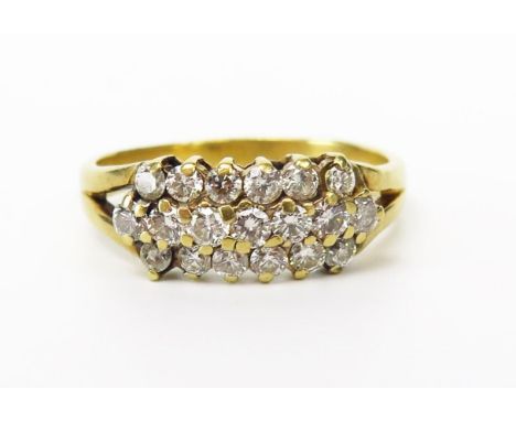 A Three Row Diamond Ring in an unmarked gold setting, set with 19 c. 2.2mm stones, size U, 4.7g 