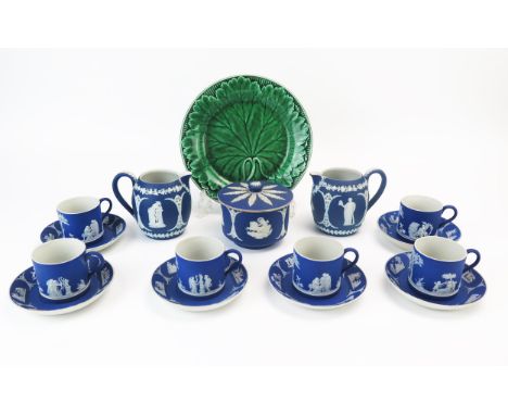 A Wedgwood jasperware part coffee service, including six cups, six saucers, two cream jugs a sugar basin and cover and a gree