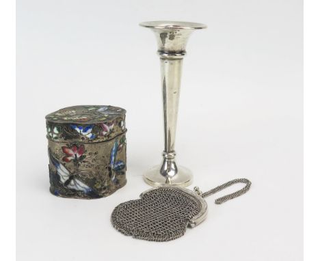 A silver mesh cocktail purse, a silver specimen vase and a white metal and enamel box and cover with butterfly decoration, 6c