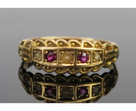 An Antique 18ct Gold, Ruby and untested Pearl Ring, Birmingham 1903, J.W.K, size P.5, 2.9g 