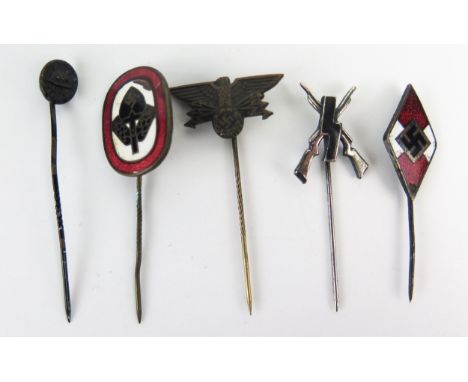 A Hitler Youth enamel lapel badge, miniature wounds lapel badge and three others. 