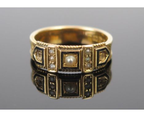 A Victorian 18ct Gold, Black Enamel and untested Pearl Ring, Chester 1899, H&amp;S, size Q.75, 3.9g. Two side pearls missing 